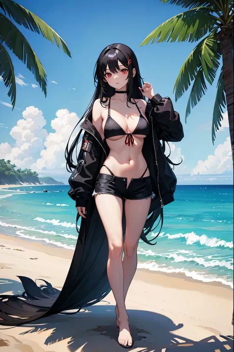 1woman, long black hair, red eyes, shorts, bikini top, beach, standing on ground, high res, ultra sharp, 8K, masterpiece