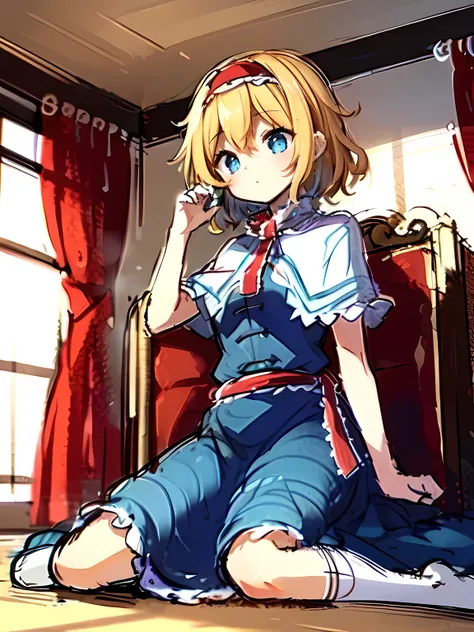 East,(alice margatroid:1.1),1 girl,alone,blonde hair, blue eyes, capelet,dress,sash, red hair band, short hair, (blue long dress:1.6),(white knee socks,no shoes:1.3),,indoor,(sitting,sketch,sharp sketch:1.6)