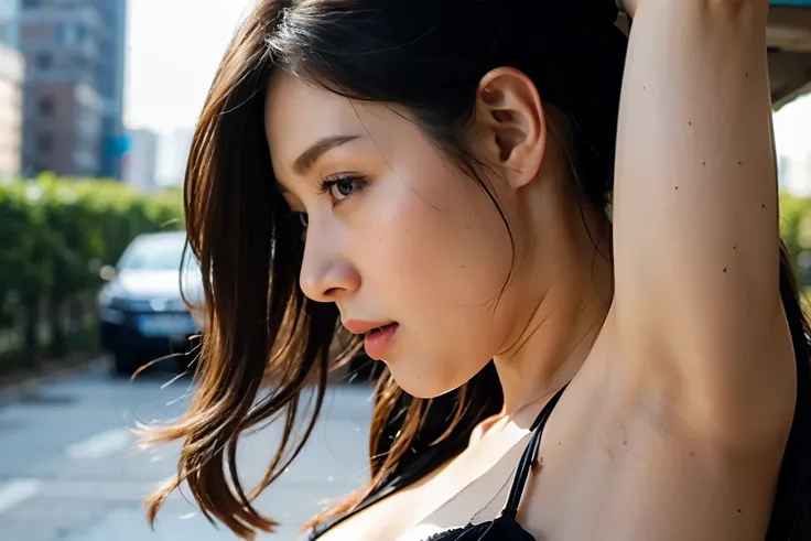 woman&#39;s profile、highest quality、No sleeve、Showing armpits on screen、armpit close-up、black pantyhose、Bokeh