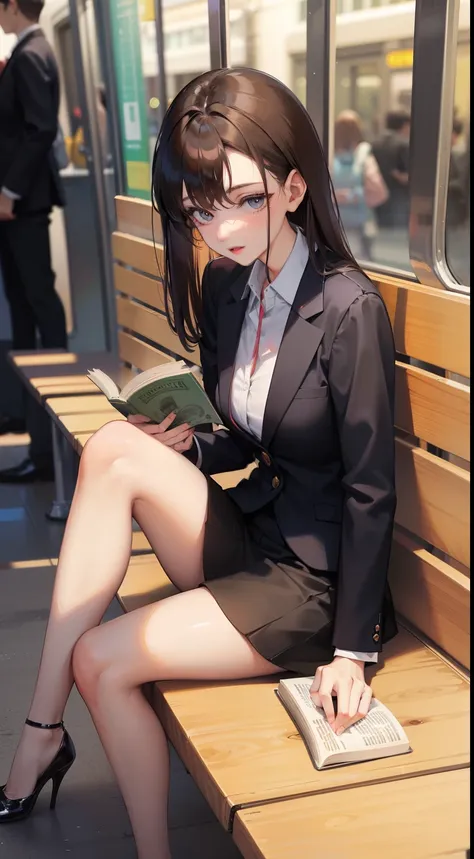 A lovely 35-year-old woman in a business suit and tight skirt is sitting on a horizontal wooden bench at the train station and reading a book. Spread her legs a little and look at her inner thighs from the front.