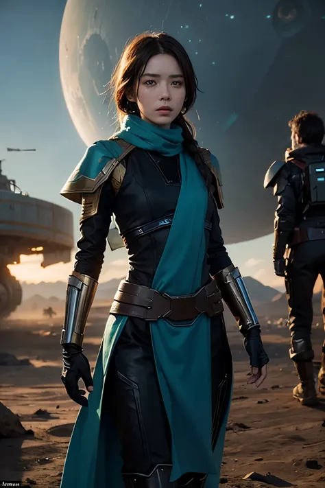 A 25-year-old shaman girl with a scar crossing one eye and Asian features, Turquoise scarf draped over teal cloak. her left hand hovers over a glowing, swirling orb, conjuring magic, walking away from a mech suit at sunset on a dusty blue mars space statio...