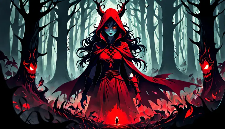 red color eyes，Dark forest，game poster，femele，The demons，Ghastly