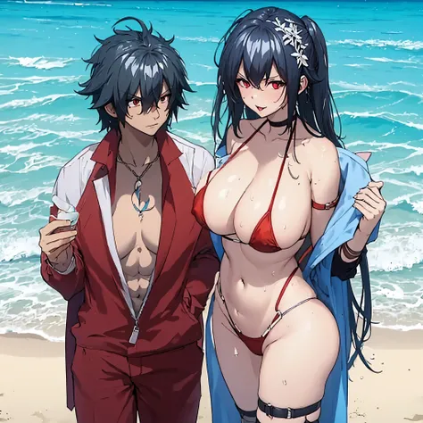 A man in beachwear together with a woman, big boobs (red eye) in a swimsuit on a beach
