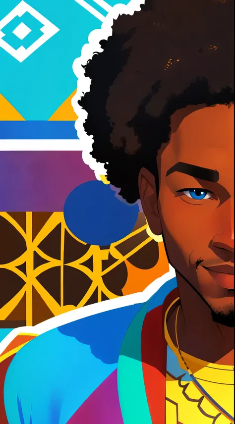 (best quality:1.1),original,  A beautiful man with dark skin, Afrocentric, African American man with natural hair, dressed in blue urban clothes, cartoon，illustrations, style is abstract beauty, Sundaratang, mixed patterns, close-ups, charming character il...