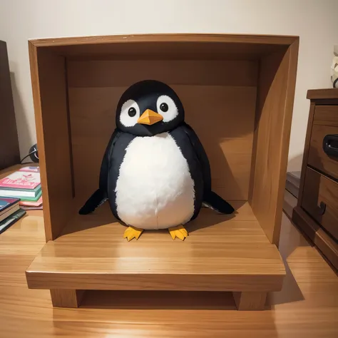 best quality, 32k, RAW photo, incredibly absurdres, extremely detailed,  cute handmade fluffy penguin stuffed animal