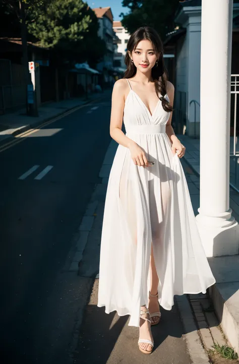 Woman in white dress walking on sidewalk，White picket fence in the background, She wears a long white flowing dress, night, girl dancing in white dress, 夏日的evening, 温和的shadow, a woman walking, evening, shadow play, approaching shadow, Wearing a flowing dre...