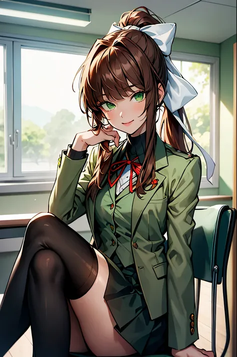 (masterpiece), best quality, expressive eyes, perfect face, highres, 1 girl, solo, ddlcmonika, blunt bangs, brown hair, (green eyes:1.5), long hair, ponytail, ribbon, white ribbon, hair ribbon, sidelocks, black thighhighs, blue skirt, brown jacket, jacket,...