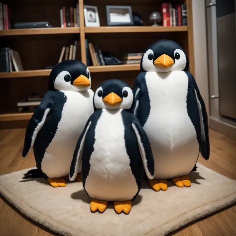 best quality, 32k, RAW photo, incredibly absurdres, extremely detailed,  cute handmade fluffy penguin stuffed animal