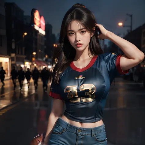 masterpiece:1.2, best quality), realistic, (real picture, intricate details, depth of field), (1girl, solo), parted lips, highly-detailed, (large breasts:1.4), small waist, short, brunet hair bun,((football jersey number 13 red gold and black football jers...