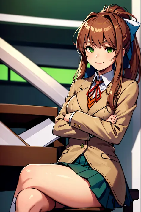 (masterpiece), best quality, expressive eyes, perfect face, highres, 1 girl, solo, ddlcmonika, blunt bangs, brown hair, (green e...