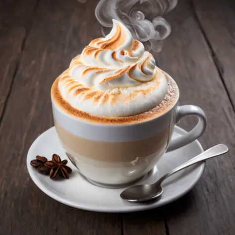 photo of vanilla cappuccino with creamy foam, fragrant steam emanates from the cup, creating a cozy atmosphere for a pleasant mo...