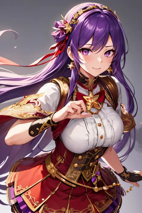 (masterpiece), (highest quality), (super detailed), intricate details, detailed beautiful face and eyes, Asamiya Athena,1 girl, alone, purple eyes, purple hair, long hair, white earrings, red hair band, star hair ornament,fingerless gloves, gloves,pantyhos...