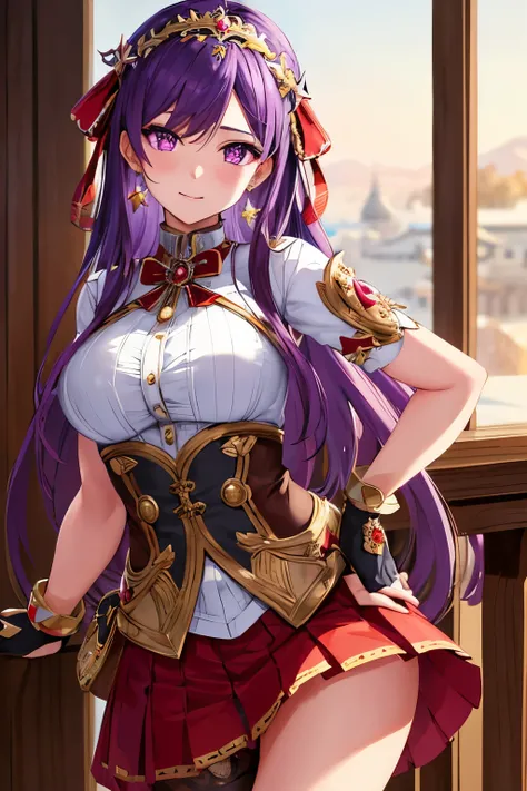 (masterpiece), (highest quality), (super detailed), intricate details, detailed beautiful face and eyes, Asamiya Athena,1 girl, alone, purple eyes, purple hair, long hair, white earrings, red hair band, star hair ornament,fingerless gloves, gloves,pantyhos...