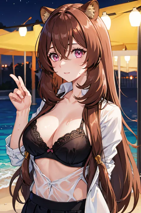 Raphtalia, pink eyes,long hair, Raccoon ears, hair between eyes,  Brown hair , wet white shirt, black bra under shirt , night, a night beach