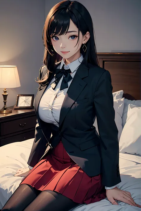 (masterpiece:1.4)、(highest quality:1.4)、ultra high resolution、beautiful features、20 year old woman、black straight long hair、earrings、business suit、white long sleeve collared shirt、Tight Skirt、black tights、(huge breasts:1.1)、red face、smile、sit、hotel bedroom...