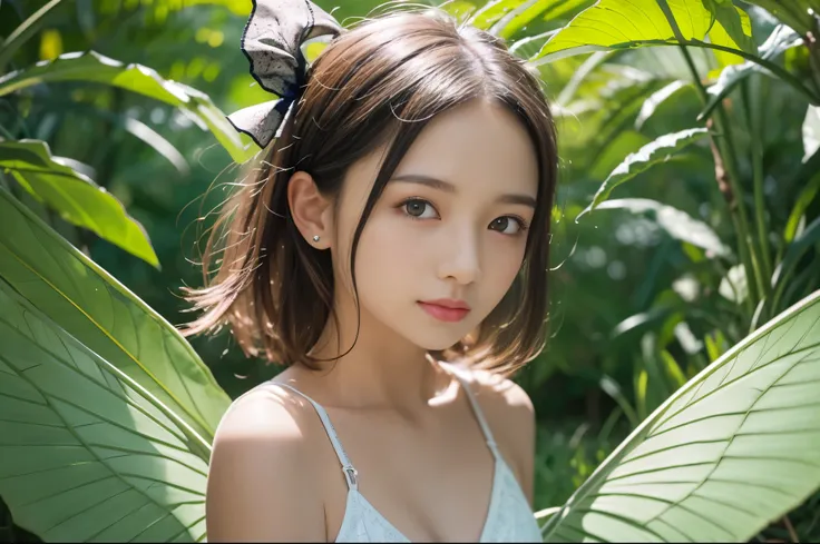 (8K、Live shooting、realistic:1.25)、1 girl、A fairy like a 14 year old girl with a beautiful face、in the forest、flying in the sky、blonde、Aori Shot、fairy wings are transparent、smile、whole body、luminous bikini swimsuit、lip gloss、Glossy skin、highest quality、ultr...