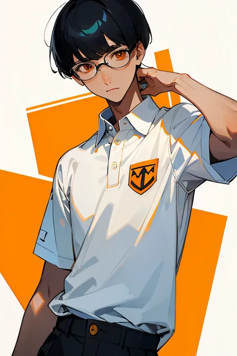 bowl cut, orange eyes, tie, white polo shirt, teenager boy, glasses, school background, black hair
