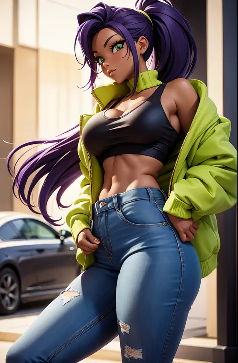 Only a black girl, purple hair. Green eyes. Slender, athletic. Yellow tank top, black latex pants, a denim jacket. She completed her outfit with yellow sneakers. Big boobs, nsfw, big ass