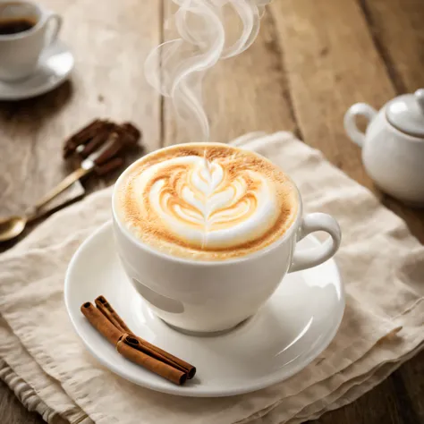 penka cappuccino wrote text "good morning", photo of vanilla cappuccino with creamy foam, fragrant steam emanates from the cup, ...