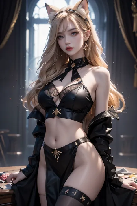 1 European and American vampire beauties:Imperial sister，domineering side leak，enchanting，Beauty model，being thin！！！，Skin snow-white and smooth，curlies，combed blonde hair，腿finely长，Wear black stockings on the legs，Translucent white shirt，Expose her belly，La...