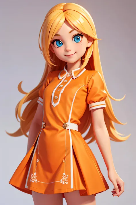 a girl,8k highly detailed, casual games, , 3D art style, Half body photo,White background,big eyes,blond,Lovely,orange clothes,dealer,solid color background,long hair,Smile,full,proudly,Clothes exploded