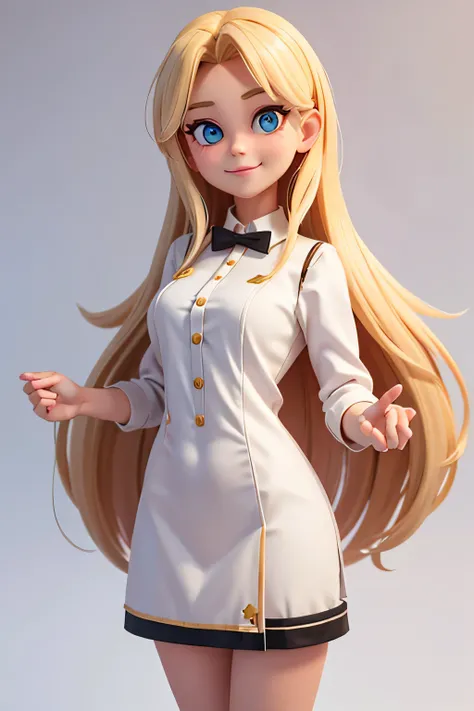 a girl,8k highly detailed, casual games, , 3D art style, Half body photo,dealer,White background,big eyes,blond,Lovely,dealer,,solid color background,long hair,Smile,full,proudly,Upper circumference tall and straight