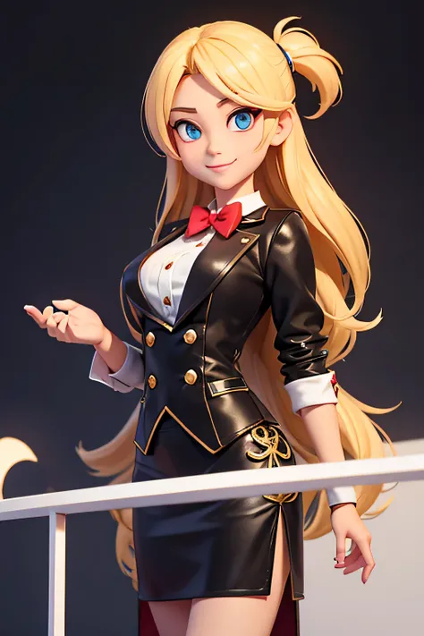 一个full,8k highly detailed, casual games, , 3D art style, Half body photo,dealer,White background,big eyes,blond,Lovely,dealer,,solid color background,long hair,Smile,full,proudly