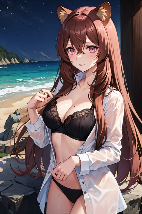 Raphtalia, pink eyes,long hair, Raccoon ears, hair between eyes, Brown hair , wet white shirt, black bra under shirt , night, a night beach, Pink cheeks, evil look