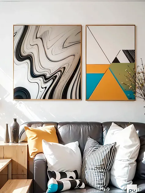 sofa、Close-up of table and two paintings on wall, art canvas, modern art style, abstract Geometric art, geometric abstract art, Abstract and simple, canvas art, canvas painting, Abstract geometric, canvas art print, living room background wall, Light brown...