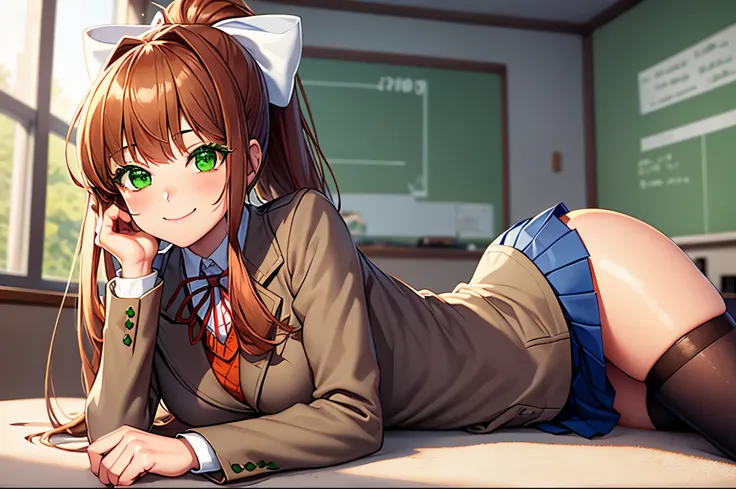 (masterpiece), best quality, expressive eyes, perfect face, highres, 1 girl, solo, ddlcmonika, blunt bangs, brown hair, (green e...