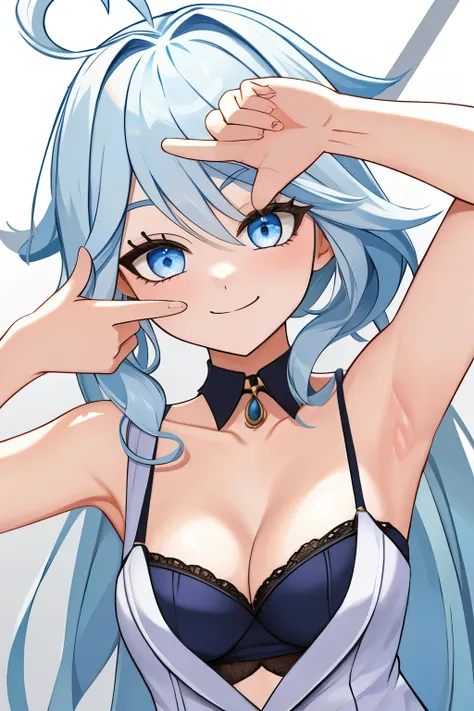 Furina,1girl,solo,long hair,ahoge,blue eyes,white hair,blue hair,bangs, finger frame, close up, off shoulder, collar bone, cleavage, look at viewer, front, smile, presenting armpit