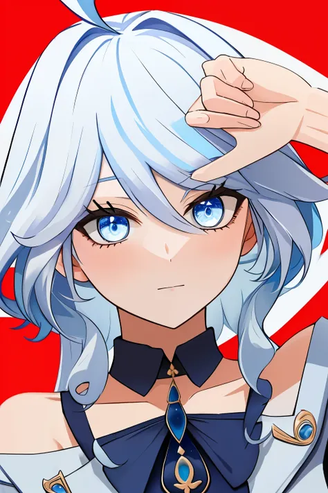 furina,1girl,solo,long hair,ahoge,blue eyes,white hair,blue hair,bangs, finger frame, close up, off shoulder, collar bone, look ...