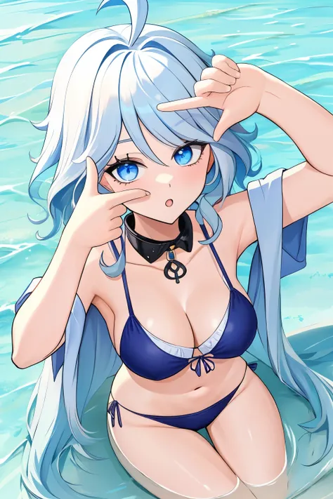 Furina,1girl,solo,long hair,ahoge,blue eyes,white hair,blue hair,bangs, ((finger frame)), off shoulder, collar bone, cleavage, look at viewer, perfect fingers, swimsuit