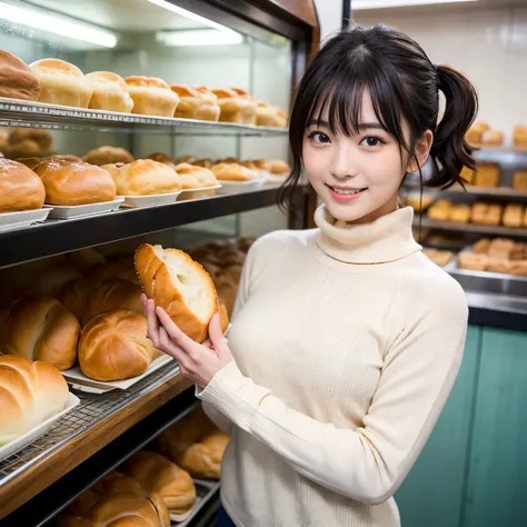 Best-quality, Masterpiece, Ultra-High-Resolution, (Photorealistic:1.4), Raw-Photo, 1girl, the most popular Japanese idol, (At the bakery, looking at many breads happily, having a great time at the bakery), detailed Various-types-of-breads, wearing Tight tu...