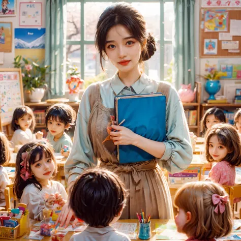 A continuation of the charming and cute depiction of a dream girlfriend as a kindergarten teacher, focusing on her photogenic and picturesque qualities. She displays a radiant smile, exuding a sense of spring warmth and happiness, uplifting the spirits of ...