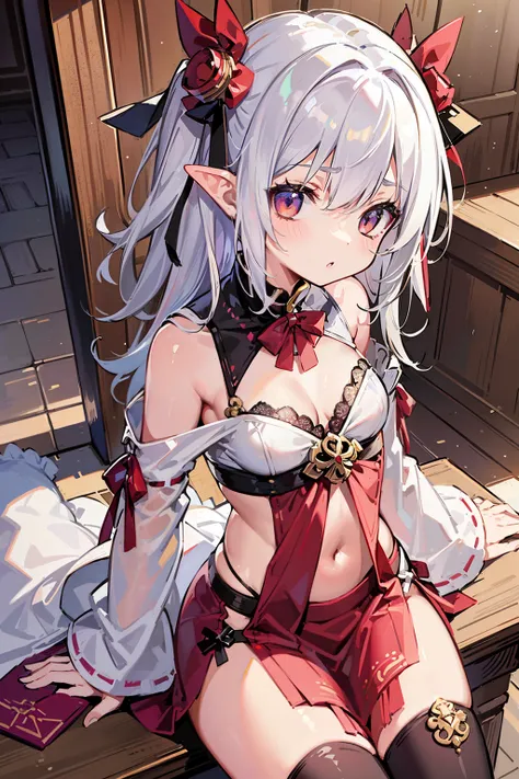 (masterpiece), (highest quality), (ultra detail), official art, one girl, Silver-haired loli, petite girl, Saint Loli, shrine maiden, white and gold see-through dress, No sleeve, off shoulder, small, small, small, cleavage, underboob, thigh focus, Navel ex...