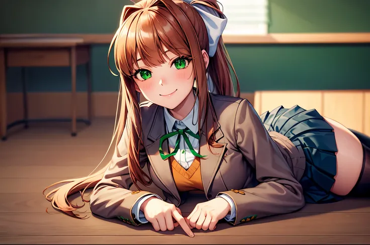 (masterpiece), best quality, expressive eyes, perfect face, highres, 1 girl, solo, ddlcmonika, blunt bangs, brown hair, (green e...