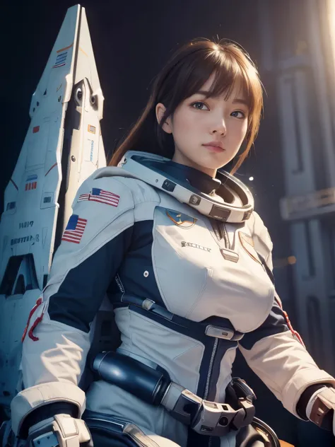 8k, best quality, masterpiece, realistic, ultra detail, photo realistic, Increase quality, 
a photo of a beautiful girl standing in a space shuttle, Space suit, (medium breast), blushed face, natural beauty, Looking at theviewer, cowboy shot, from (below:1...