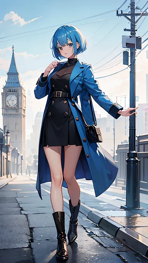 first-class、high resolution、one beautiful girl、whole body、light blue bob cut hair、blue eyes、british style one piece coat、travel ...