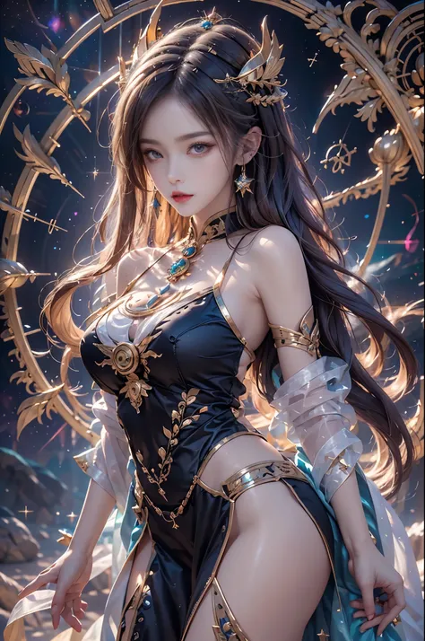 1 goddess of the zodiac from the future, wear the ao dai of the goddess of the zodiac to cover her chest, the goddess of the zodiac wears a bright yellow gold bodice, the goddess radiates a bright pink purple zodiac aura, the stars have the shape of the 12...