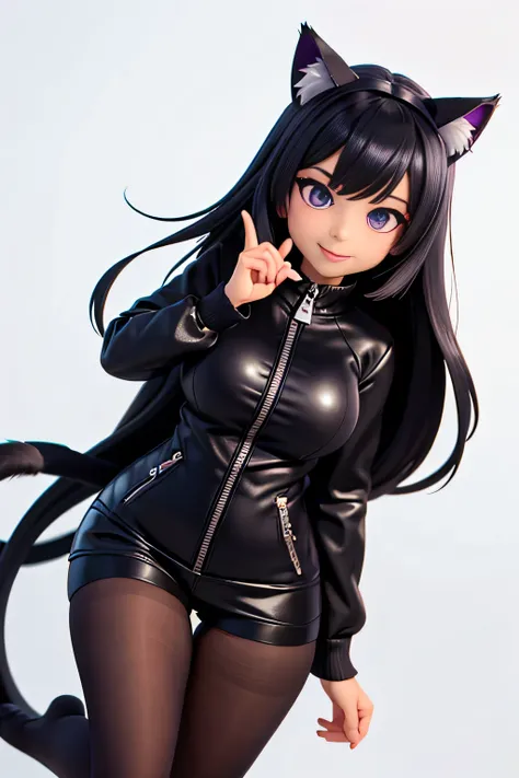 一个有着cat ears的女孩穿着black tights,8k highly detailed, casual games, , 3D art style, Full body image,White background,big eyes,black hair,cute,Playing cards in hand,solid color background,long hair,Smile,slim,White skin,purple eyes,plump big breasts,black tight...