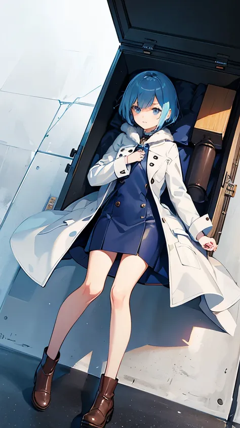 first-class、high resolution、one beautiful girl、whole body、Light blue bob cut hair、blue eyes、British style one piece coat、Travel trunk、knee high socks、Brown leather boots