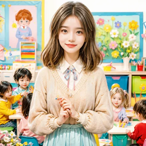 A continuation of the charming and cute depiction of a dream girlfriend as a kindergarten teacher, focusing on her photogenic and picturesque qualities. She displays a radiant smile, exuding a sense of spring warmth and happiness, uplifting the spirits of ...