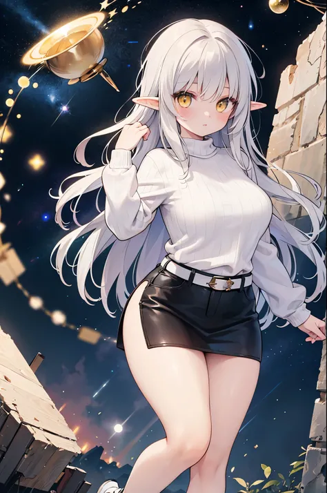 Detailed image, realistic image, coherent image, 1 elf, long ash-colored hair, yellow eyes, oval face, long eyelashes. She is wearing a sweater, mini skirt with a belt, sneakers, curvy body, sexy pose, fondi of a starry neck with galaxies on the horizon