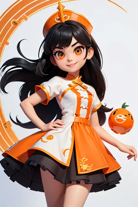 a girl,8k highly detailed, casual games, , 3D art style, Half body photo,Croupier,White background,big eyes,black hair,cute,Orange cheongsam,Orange decoration,Playing cards in hand,solid color background,long hair,Smile，slim,White skin