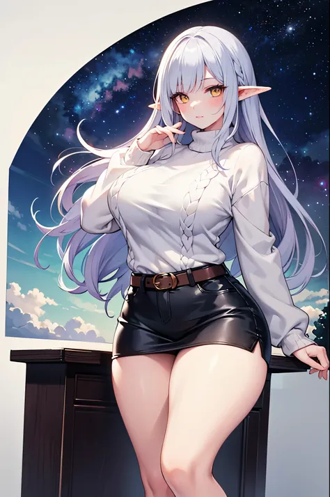 Detailed image, realistic image, coherent image, 1 elf, long ash-colored hair, yellow eyes, oval face, long eyelashes. She is wearing a sweater, mini skirt with a belt, sneakers, curvy body, sexy pose, fondi of a starry neck with galaxies on the horizon