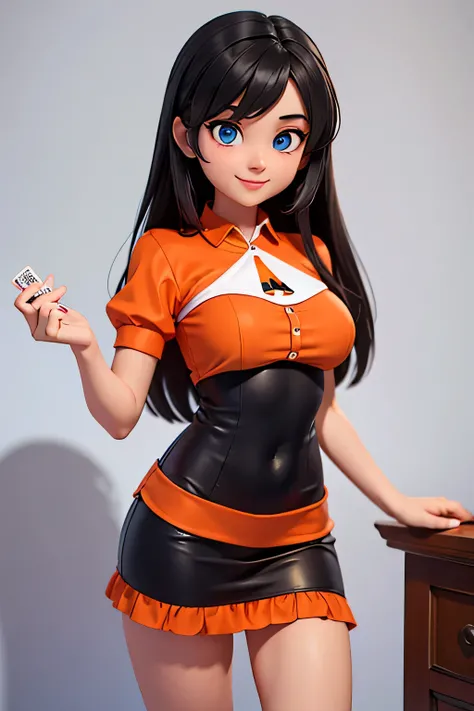 a girl,8k highly detailed, casual games, , 3D art style, Half body photo,Croupier,White background,big eyes,black hair,cute,orange clothes,Orange decoration,Playing cards in hand,solid color background,long hair,Smile，slim,White skin,Mature,,blue eyes,G cu...