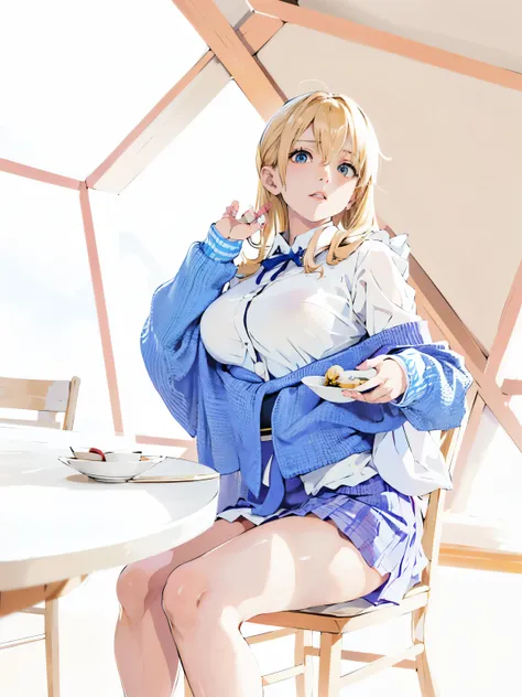 Blonde woman in a blue sweater and white shirt sitting at the table, anime girl cosplay, ayaka cosplay, ❤🔥🍄🌪, sakimichan, Real Anime Girls, cosplay photo, shikamimi, cosplay, rei hiroe, cosplay of a catboy! maid! dress, anime cosplay, japanese school unifo...