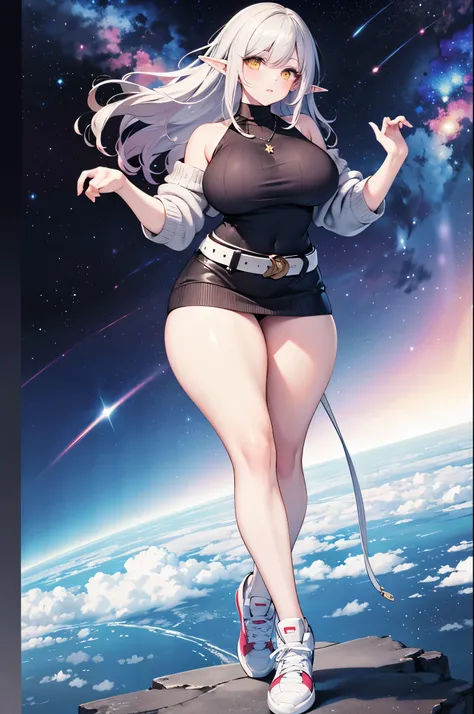 Detailed image, realistic image, coherent image, 1 elf, long ash-colored hair, yellow eyes, oval face, long eyelashes. She is wearing a sweater, mini skirt with a belt, sneakers, curvy body, sexy pose, fondi of a starry neck with galaxies on the horizon