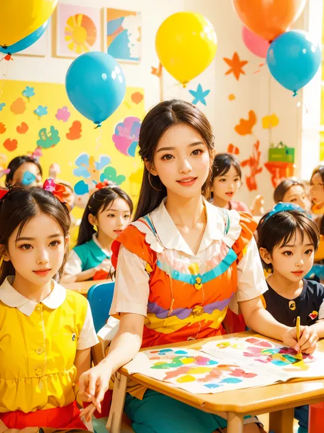 A continuation of the charming and cute depiction of a dream girlfriend as a kindergarten teacher, focusing on her photogenic and picturesque qualities. She displays a radiant smile, exuding a sense of spring warmth and happiness, uplifting the spirits of ...